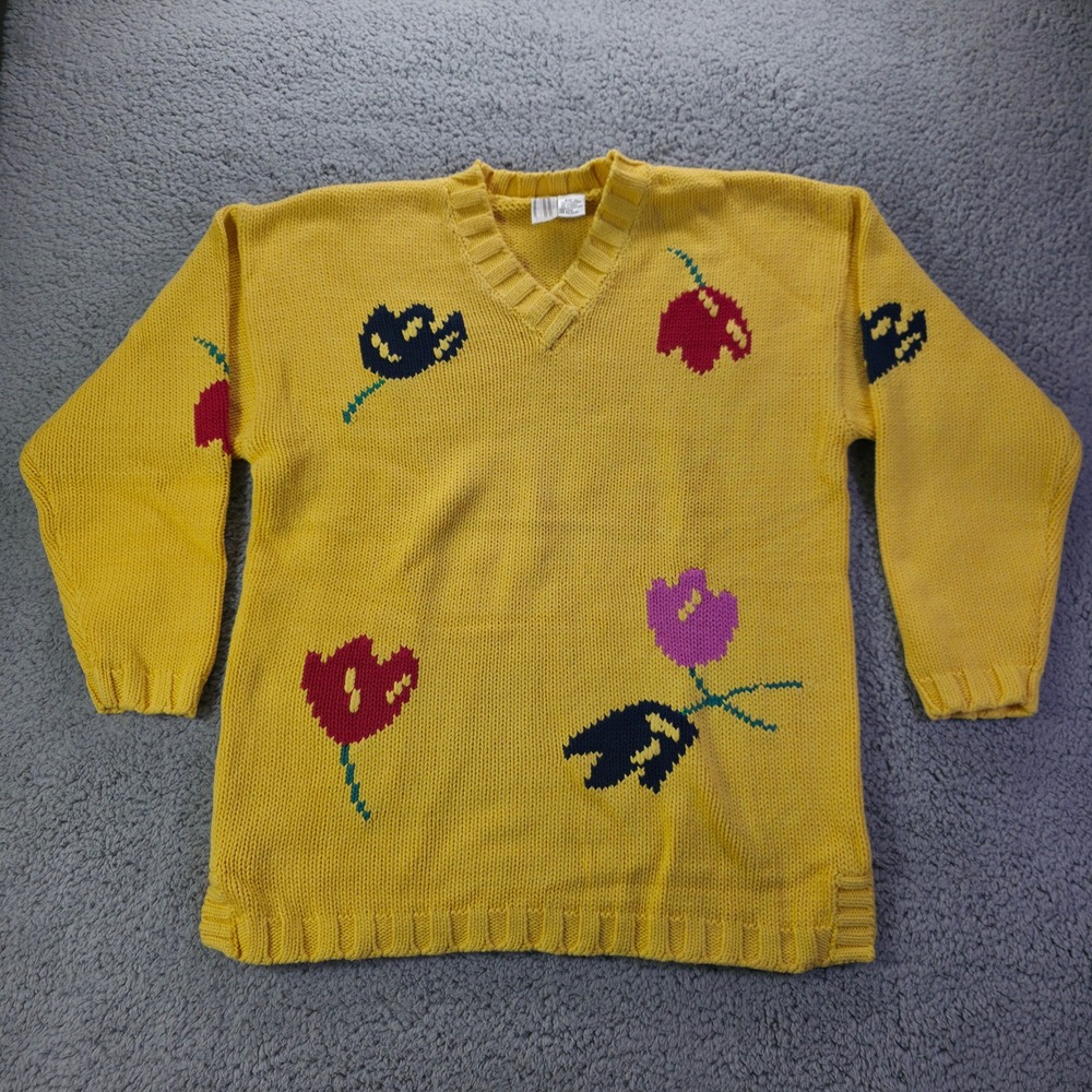 Clifford & Wills Vintage Yellow Floral V-Neck Cotton Knit Sweater XL RN 77390